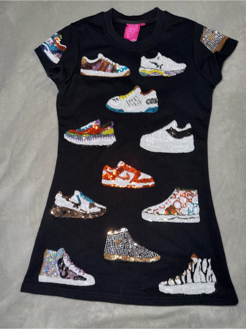 QUEEN OF SPARKLES Black Tee with Multicolored Sequin Sneaker Motifs